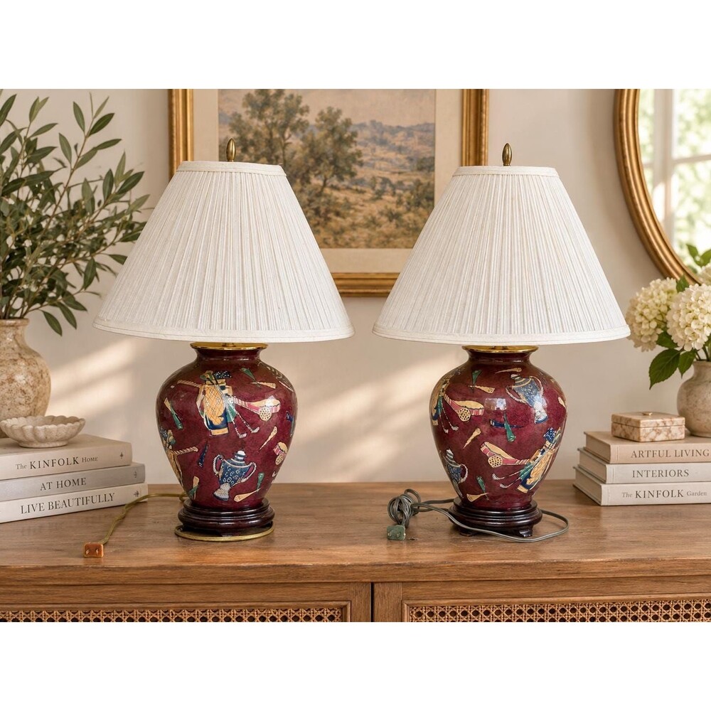 Vintage Golf Table Lamps Pair Burgundy Ceramic Golfer Lamp Country Club Decor